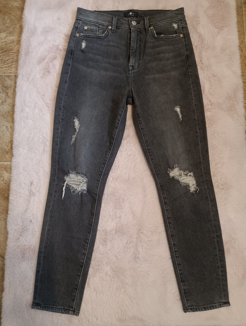 7 For All Mankind The High Waist Ankle Skinny Jeans Gray Distressed Sz 28